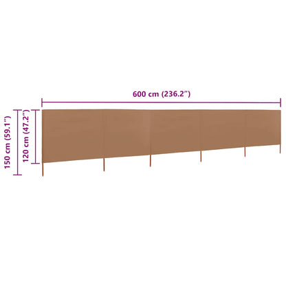 5-panel Wind Screen Fabric 600x120 cm Taupe