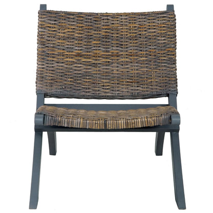 Relaxing Chair Grey Natural Kubu Rattan and Solid Mahogany Wood