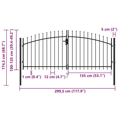 Fence Gate Double Door with Spike Top Steel 3x1.25 m Black