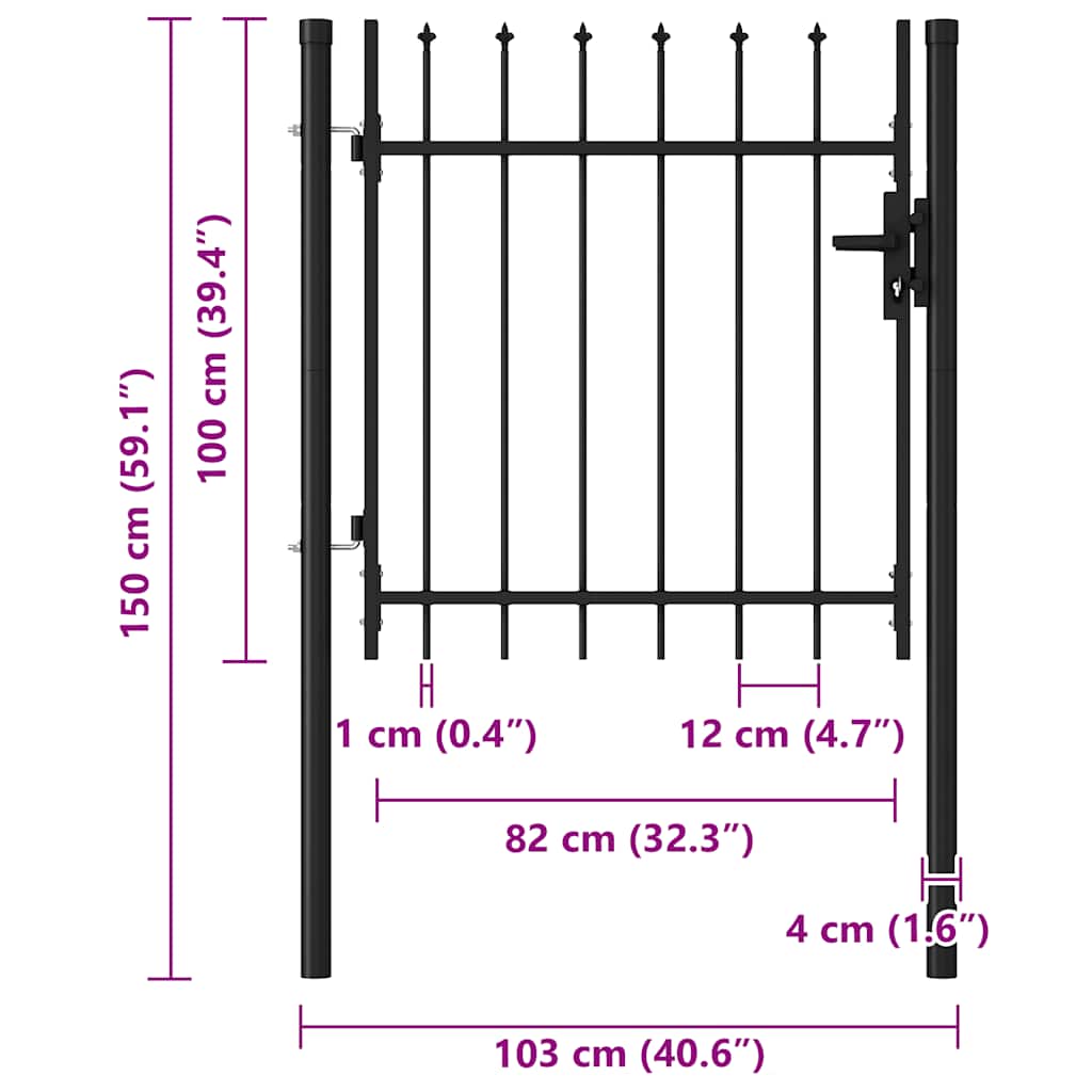 Fence Gate Single Door with Spike Top Steel 1x1 m Black