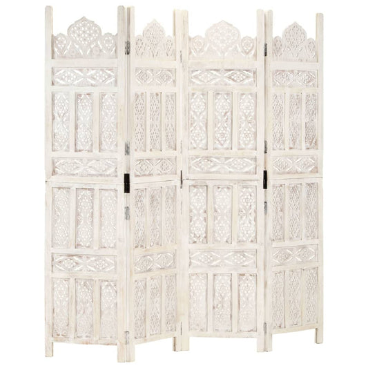 Hand carved 4-Panel Room Divider White 160x165 cm Solid Mango Wood