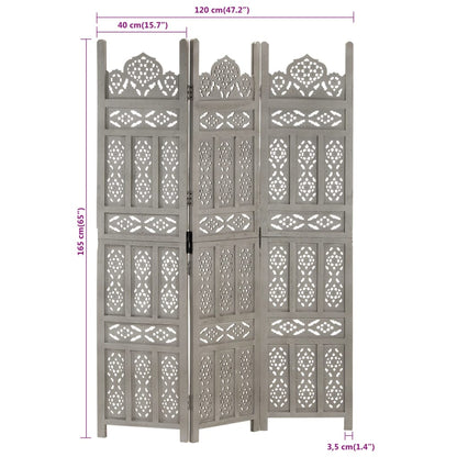 Hand carved 3-Panel Room Divider Grey 120x165 cm Solid Mango Wood