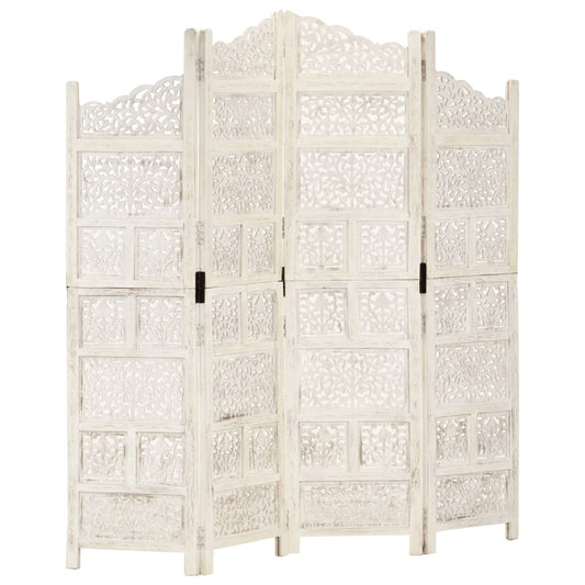 Hand carved 4-Panel Room Divider White 160x165 cm Solid Mango Wood
