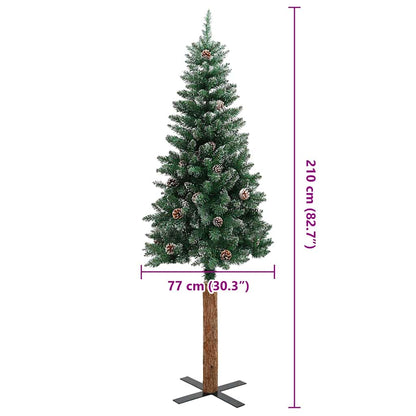 Slim Christmas Tree with Real Wood and White Snow Green 210 cm