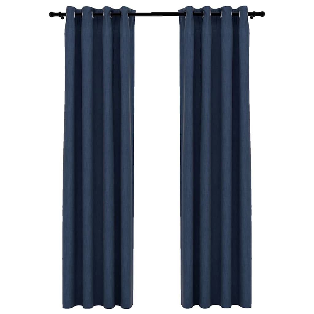 Linen-Look Blackout Curtains with Grommets 2 pcs Blue 140x225cm