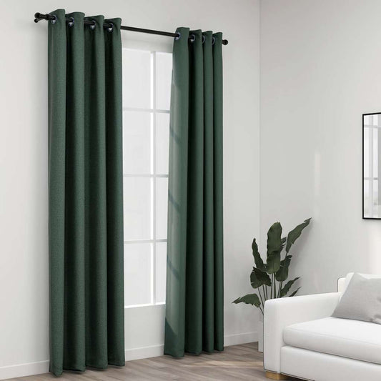 Linen-Look Blackout Curtains with Grommets 2pcs Green 140x225cm