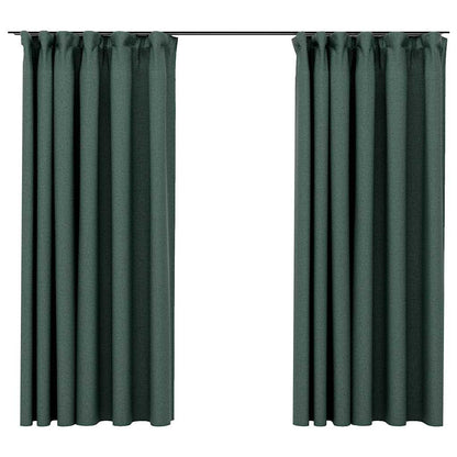 Linen-Look Blackout Curtains with Hooks 2 pcs Green 140x175 cm
