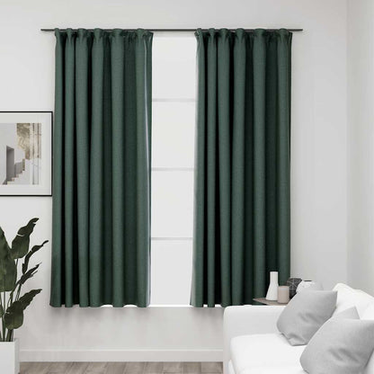 Linen-Look Blackout Curtains with Hooks 2 pcs Green 140x175 cm
