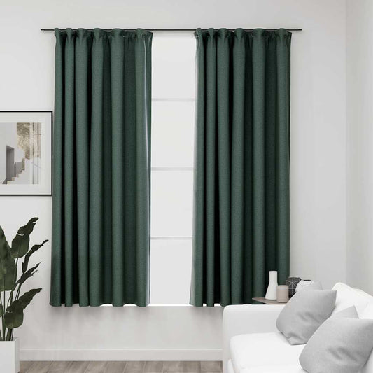 Linen-Look Blackout Curtains with Hooks 2 pcs Green 140x175 cm