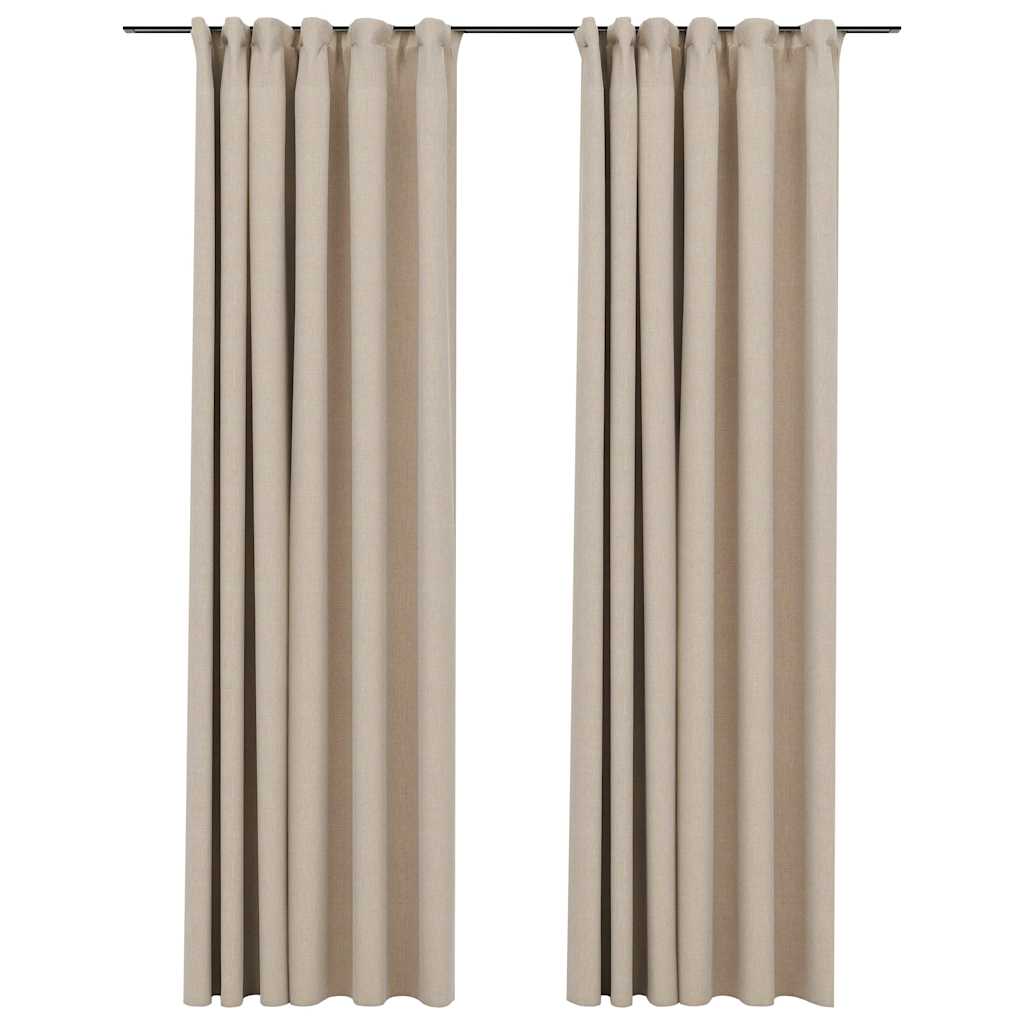 Linen-Look Blackout Curtains with Hooks 2 pcs Beige 140x225 cm