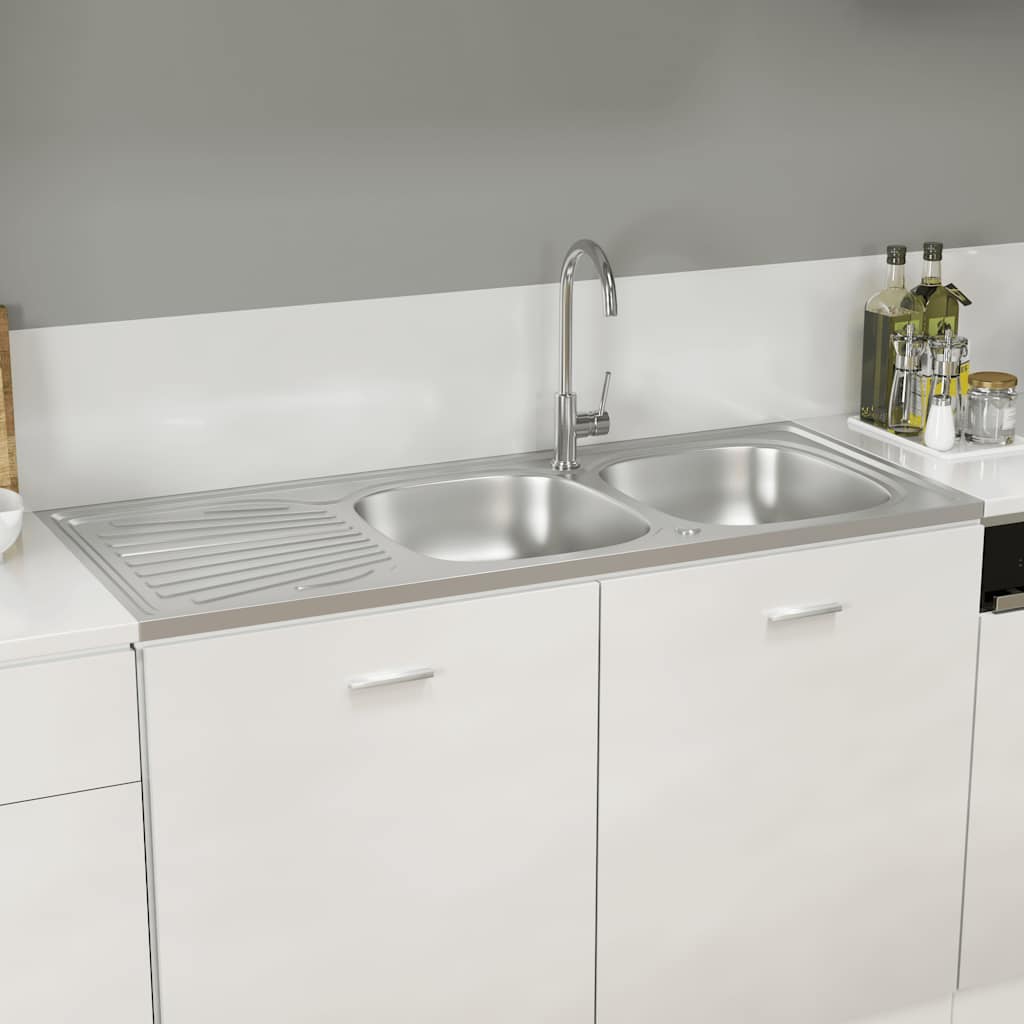 Kitchen Sink with Double Sinks Silver 1200x600x155 mm Stainless Steel