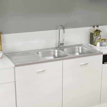 Kitchen Sink with Double Sinks Silver 1200x600x155 mm Stainless Steel