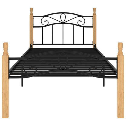 Bed Frame without Mattress Black Metal&Solid Oak Wood 100x200 cm