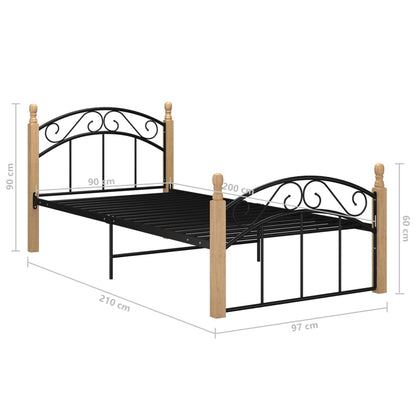 Bed Frame without Mattress Black Metal&Solid Oak Wood 90x200 cm