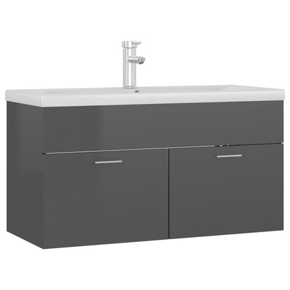 Sink Cabinet with Built-in Basin High Gloss Grey Engineered Wood