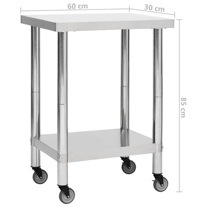 Kitchen Work Table with Wheels 60x30x85 cm Stainless Steel