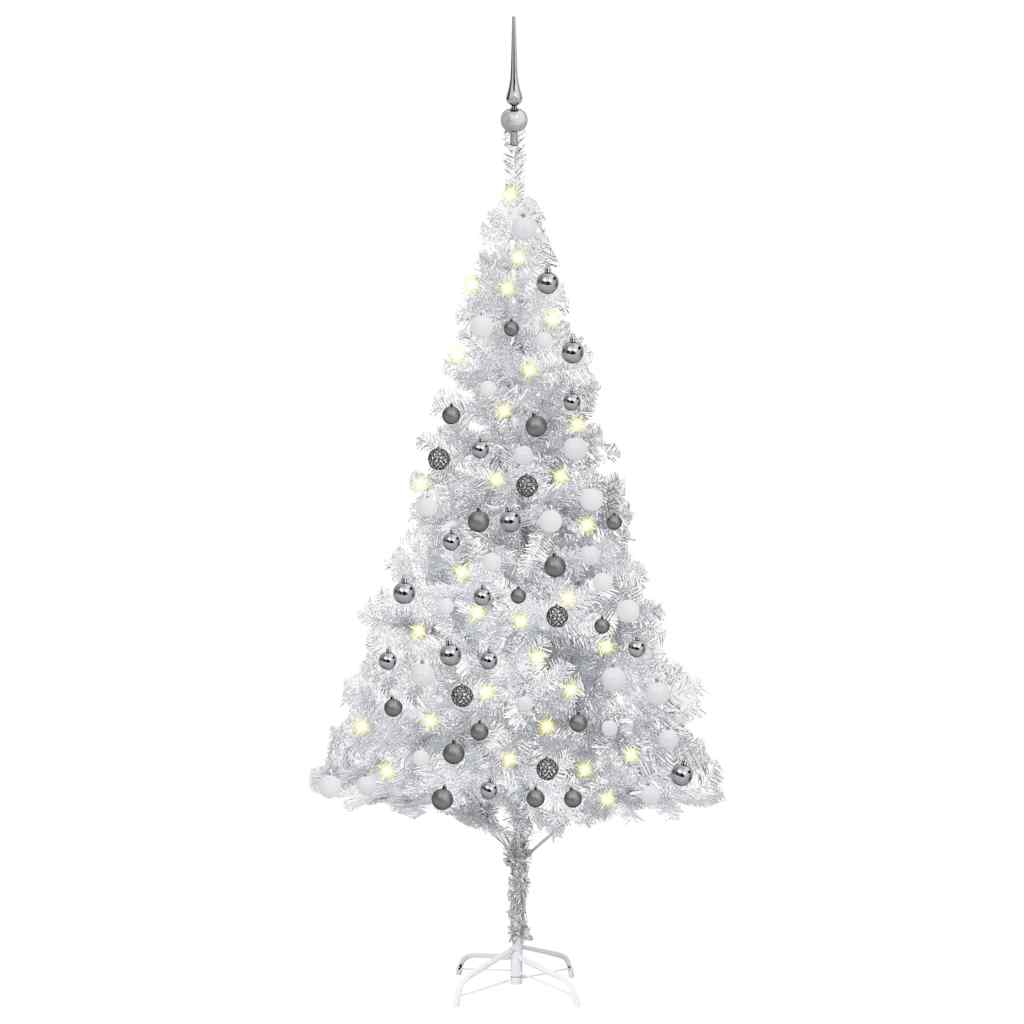 Artificial Pre-lit Christmas Tree with Ball Set Silver 180 cm PET