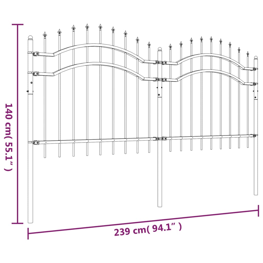 Garden Fence with Spear Top Black 239x100 cm Powder-coated Steel