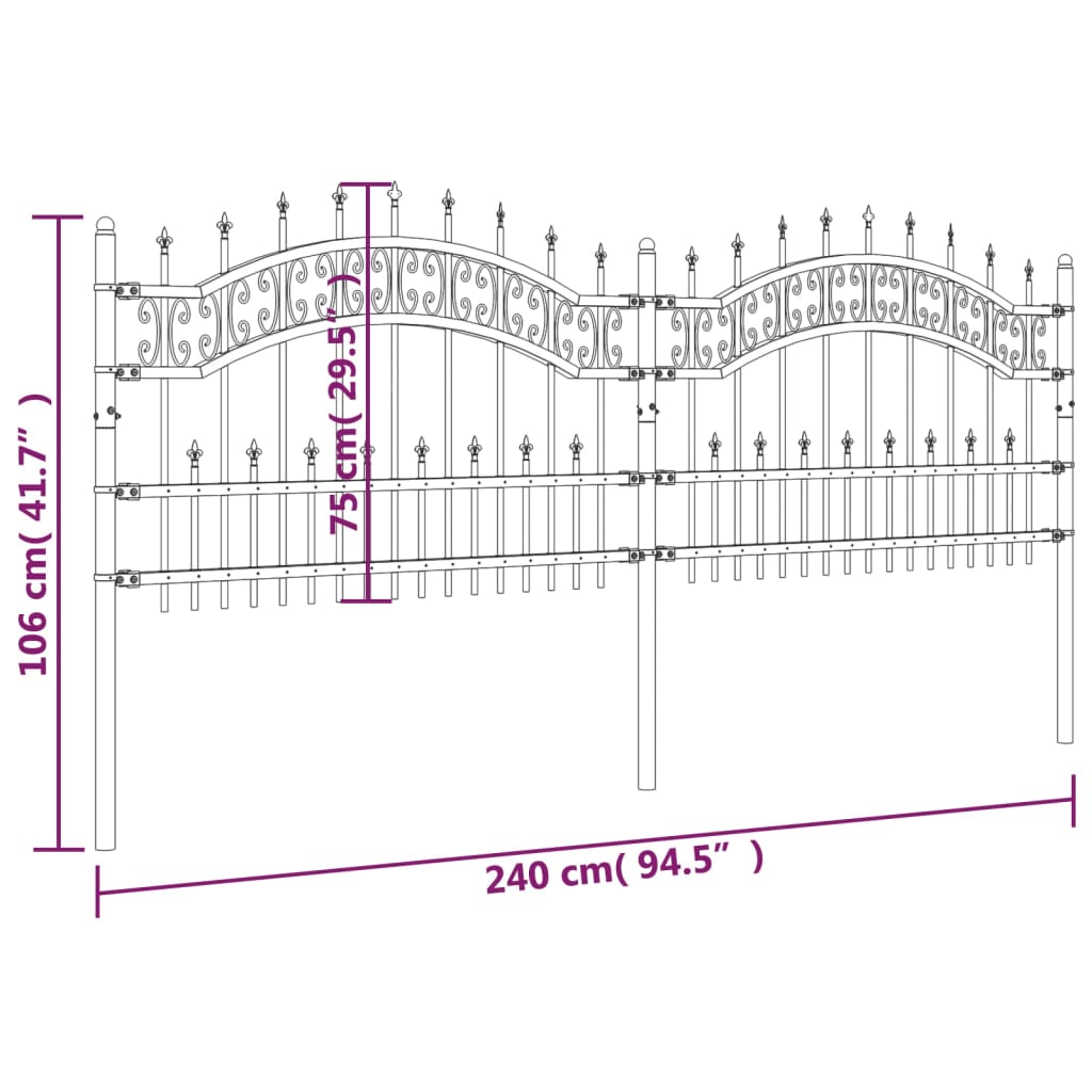 Garden Fence with Spear Top Black 240x75 cm Powder-coated Steel