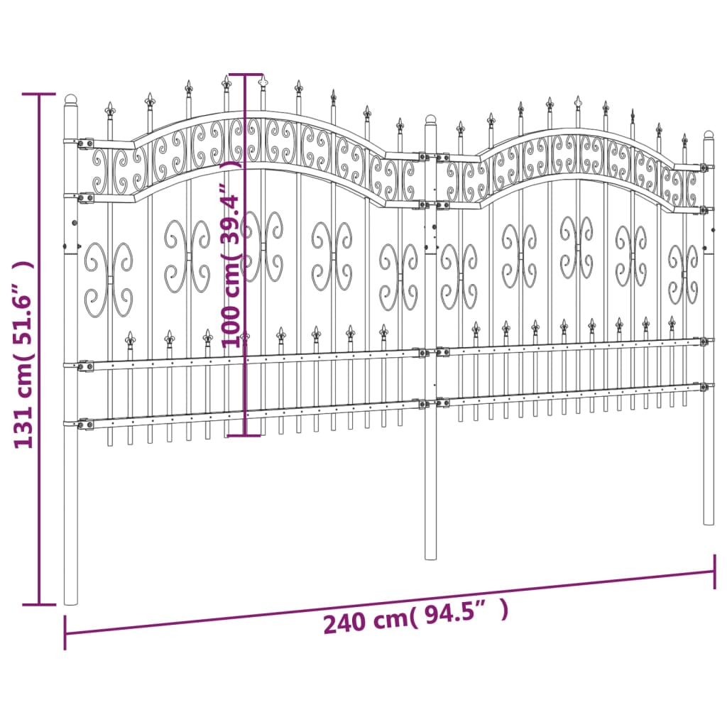 Garden Fence with Spear Top Black 240x100 cm Powder-coated Steel
