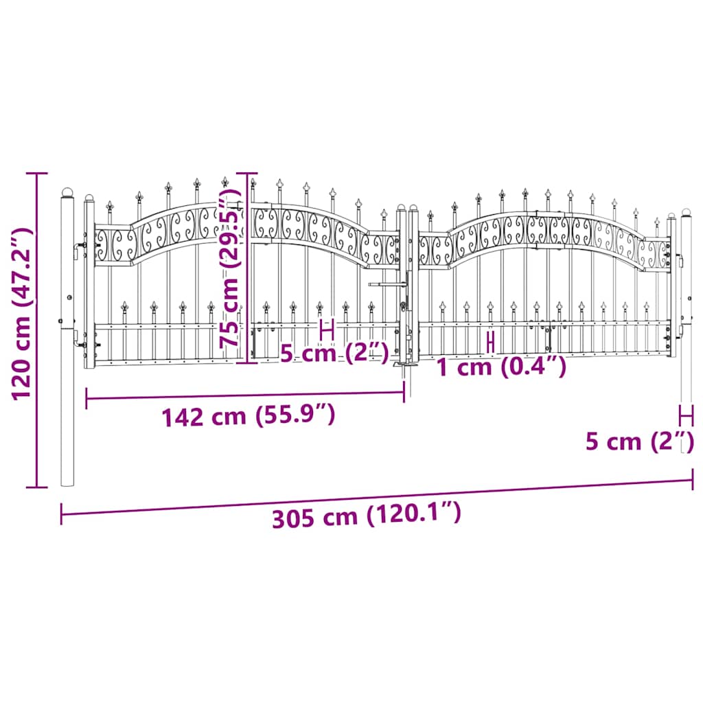 Fence Gate with Spear Top Black 305x75 cm Powder-coated Steel