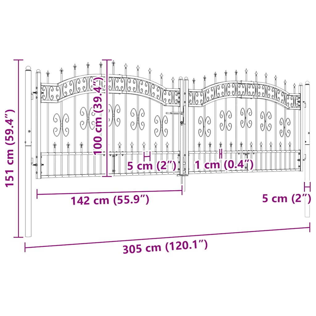 Fence Gate with Spear Top Black 305x100 cm Powder-coated Steel