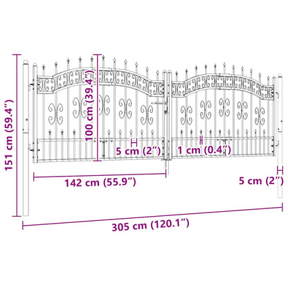 Fence Gate with Spear Top Black 305x100 cm Powder-coated Steel