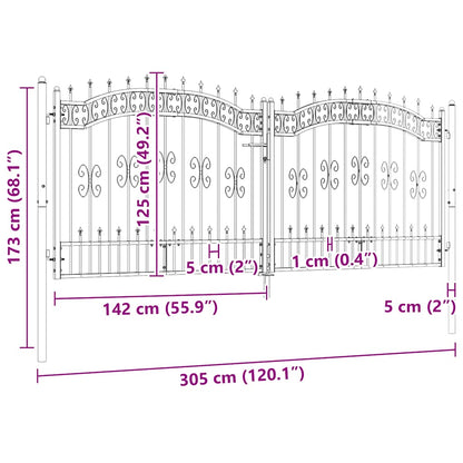 Fence Gate with Spear Top Black 305x125 cm Powder-coated Steel