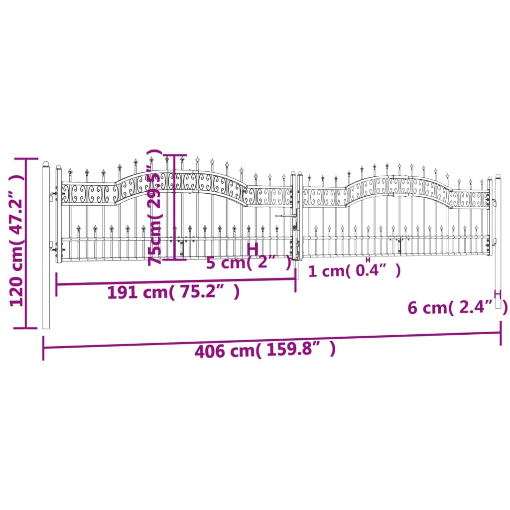 Fence Gate with Spear Top Black 406x75 cm Powder-coated Steel