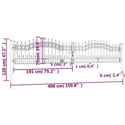 Fence Gate with Spear Top Black 406x75 cm Powder-coated Steel