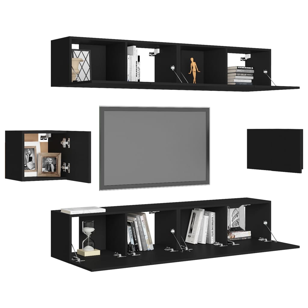 6 Piece TV Cabinet Set Black Engineered Wood