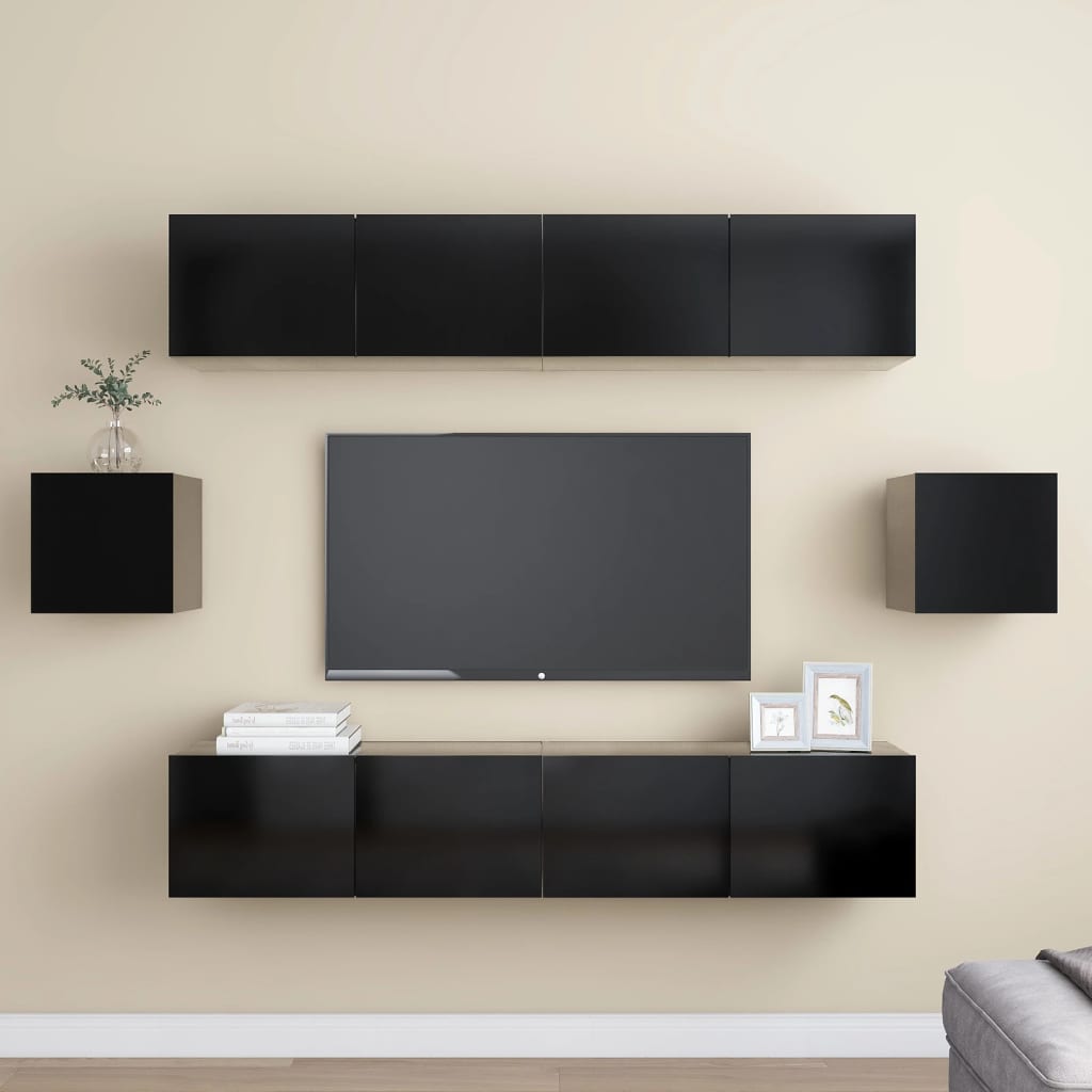 6 Piece TV Cabinet Set Black Engineered Wood