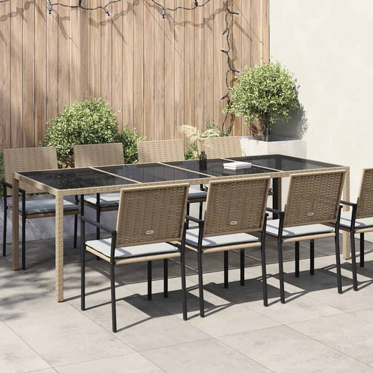 Garden Table Beige 250x100x75 cm Tempered Glass and Poly Rattan