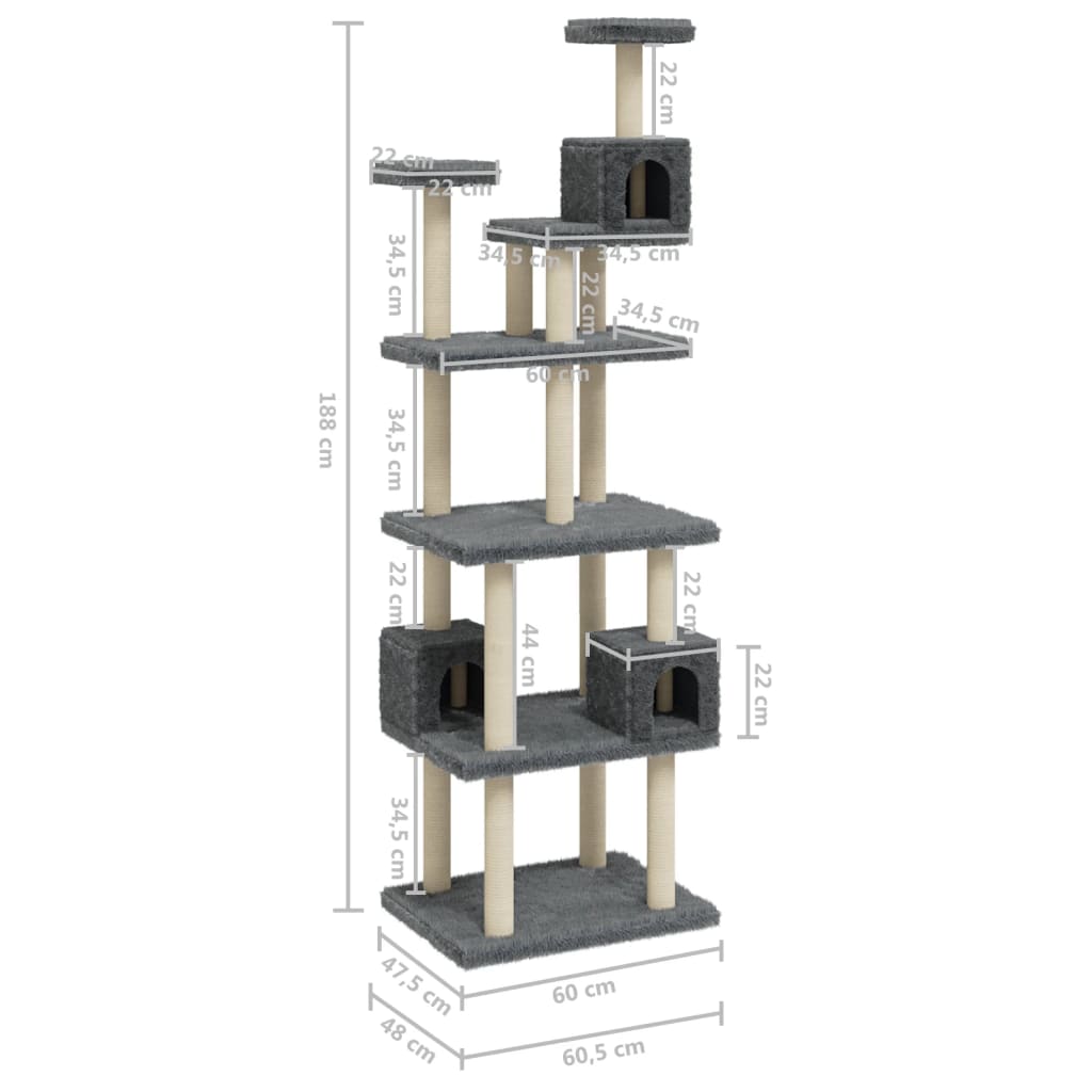Cat Tree with Sisal Scratching Posts Dark Grey 188 cm