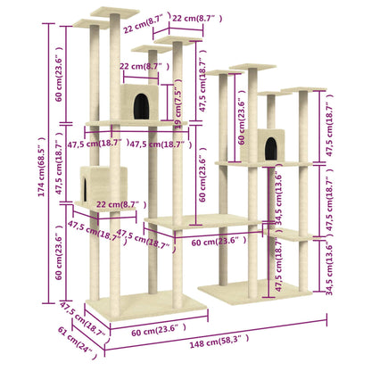 Cat Tree with Sisal Scratching Posts Cream 174 cm