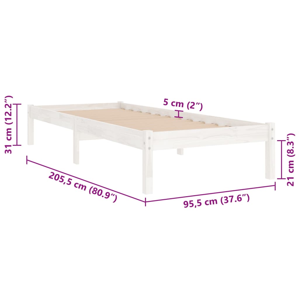 810003 vidaXL Bed Frame without Mattress White Solid Wood 90x200 cm