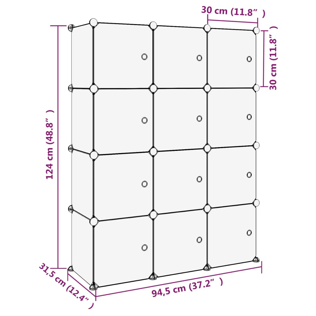 Storage Cube Organiser with 12 Cubes and Doors Black PP