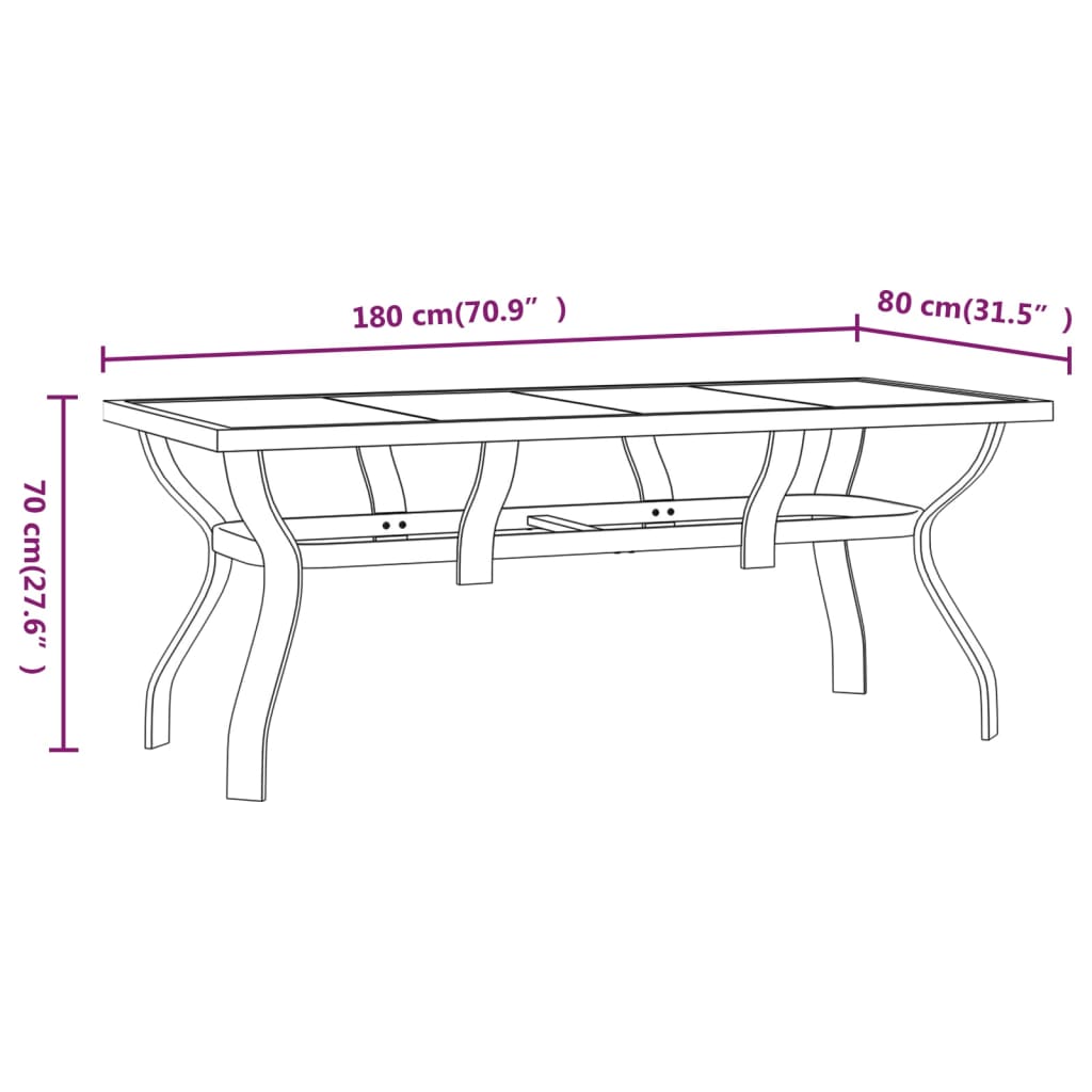 Garden Table Brown and Black 180x80x70 cm Steel and Glass