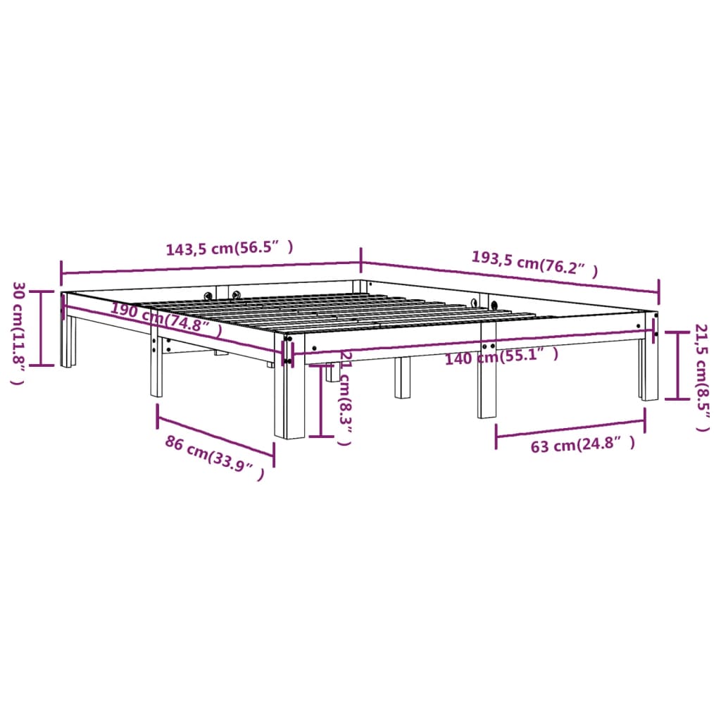 Bed Frame without Mattress Solid Wood Pine 140x190cm