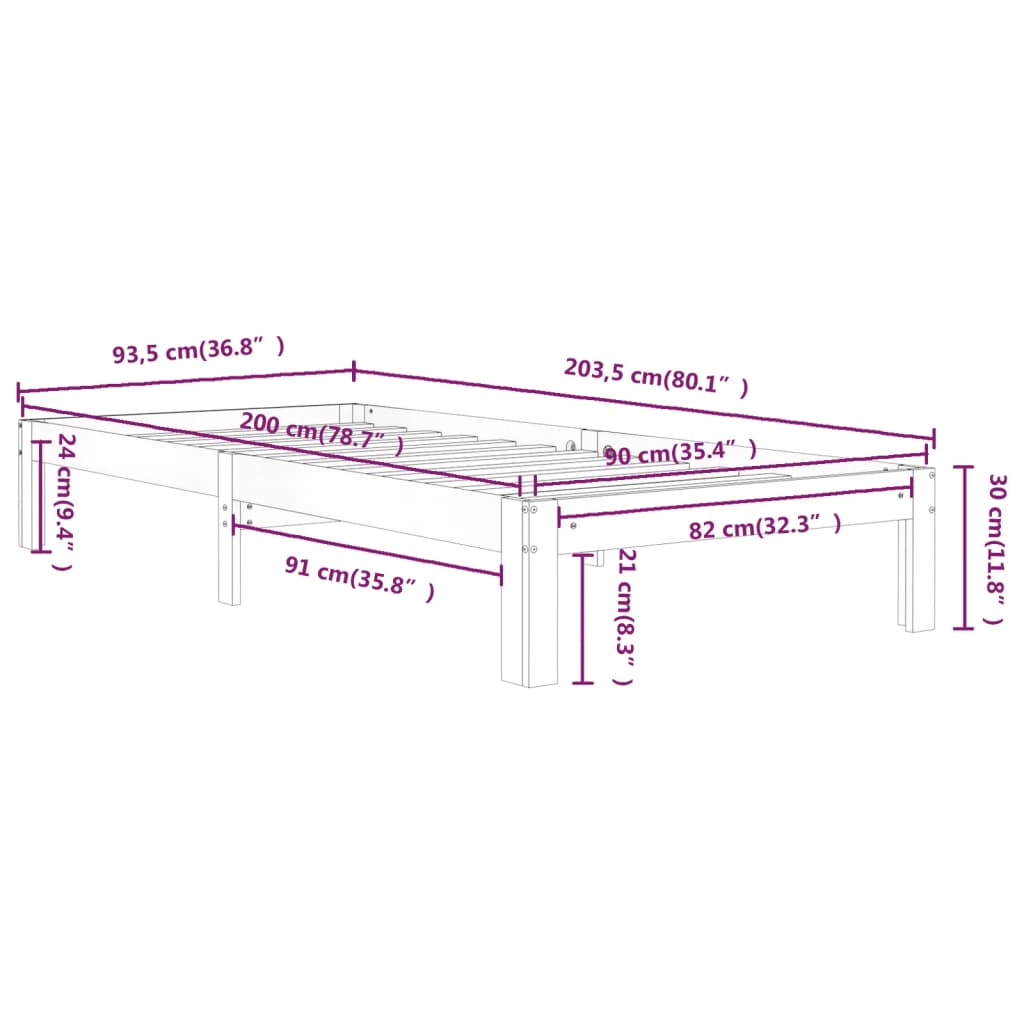 Bed Frame without Mattress White Solid Wood Pine 90x200cm