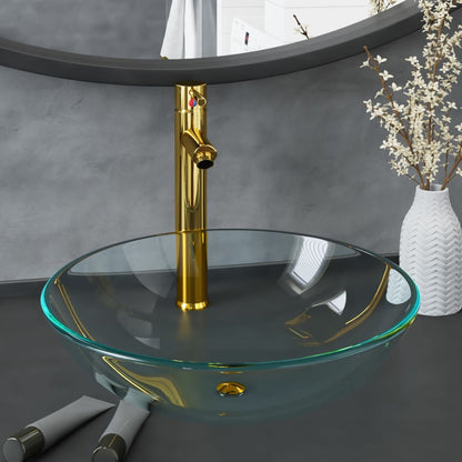 Bathroom Sink with Tap and Push Drain Clear Tempered Glass