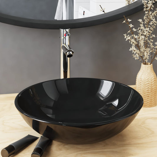 Bathroom Sink with Tap and Push Drain Black Tempered Glass