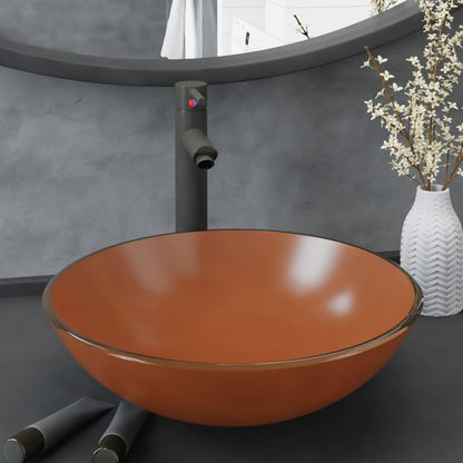 Bathroom Sink with Tap and Push Drain Brown Tempered Glass