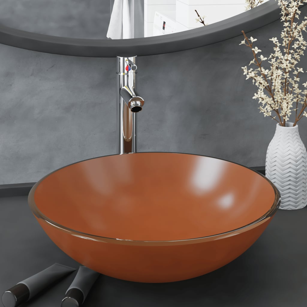 Bathroom Sink with Tap and Push Drain Brown Tempered Glass