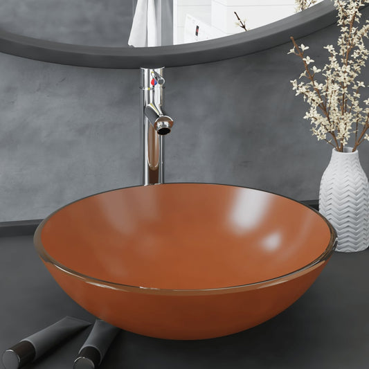 Bathroom Sink with Tap and Push Drain Brown Tempered Glass