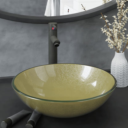 Bathroom Sink with Tap and Push Drain Gold Tempered Glass