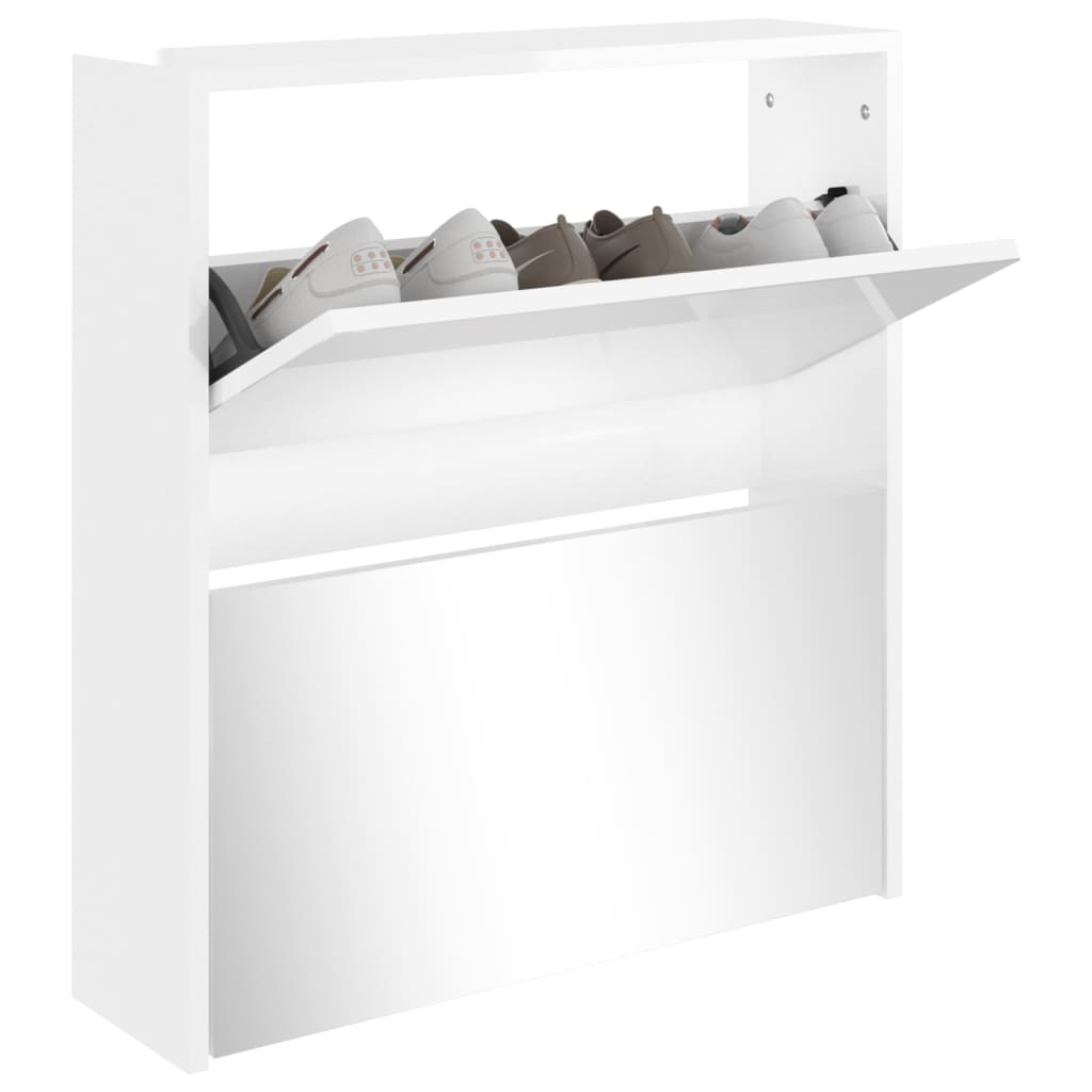 Shoe Cabinet with Mirror 2-Layer High Gloss White 63x17x67 cm