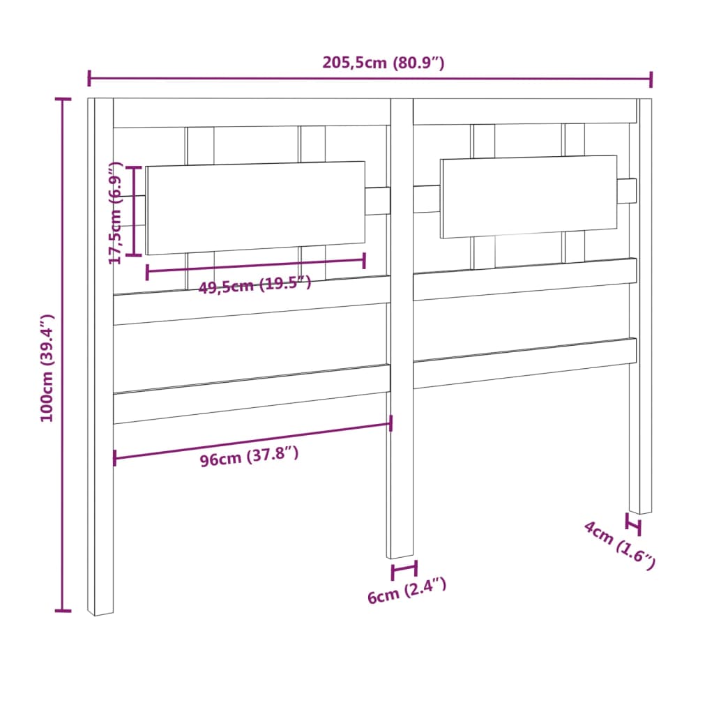 Bed Headboard 205.5x4x100 cm Solid Wood Pine