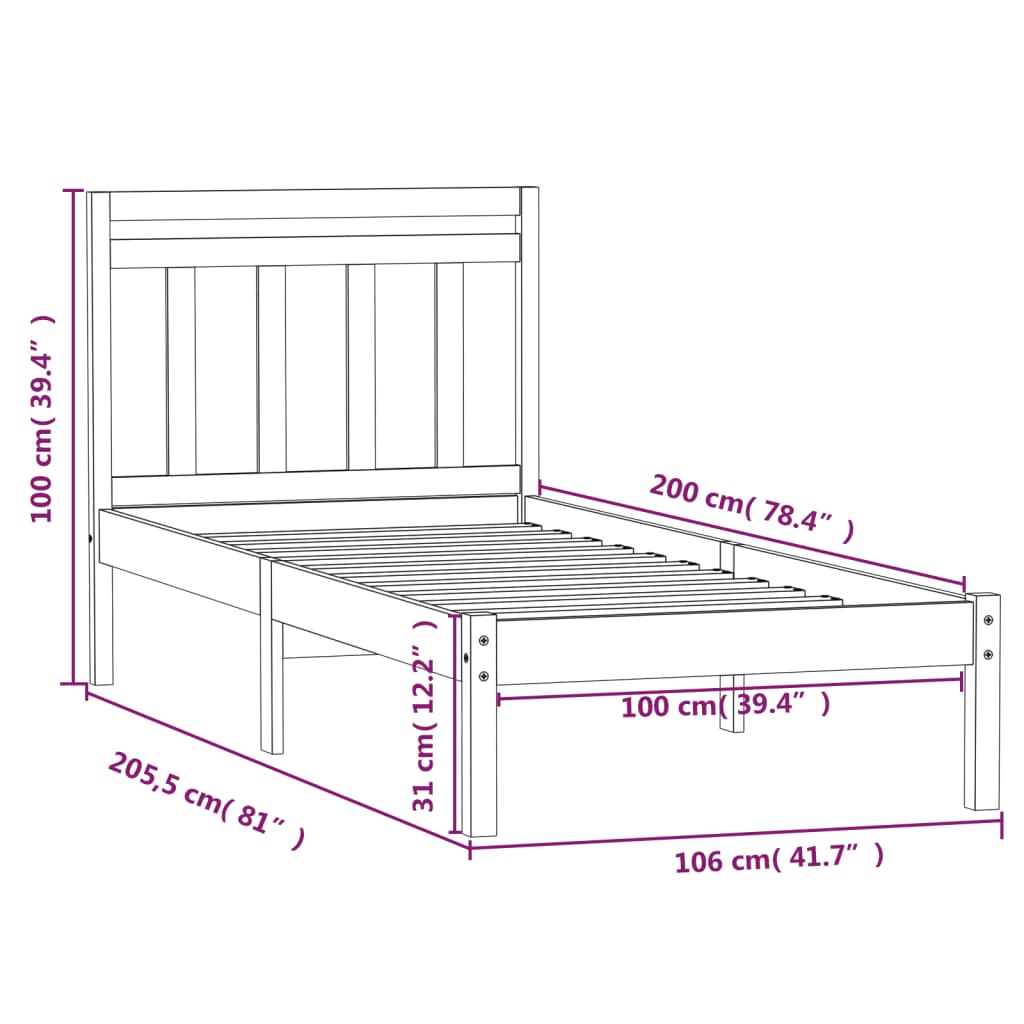 3100579 vidaXL Bed Frame without Mattress Solid Wood 100x200 cm (810007+814079)