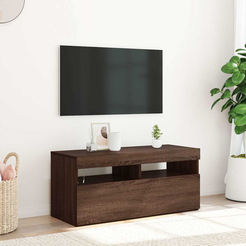 TV Cabinet with LED Lights Brown Oak 90x35x40 cm